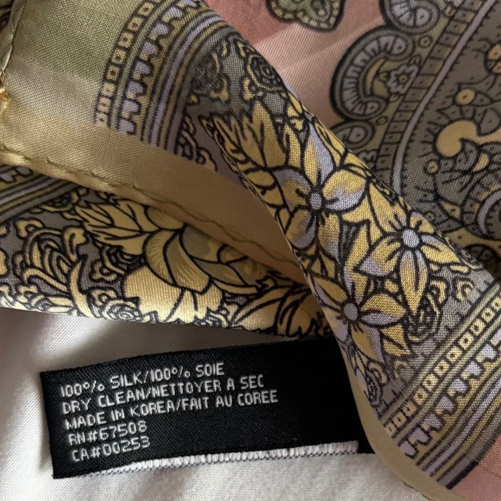 Jones New York 100% Silk Scarf Pink Olive Green Paisley Floral Boho Old Money